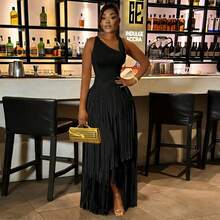 Women's Asymmetrical One Shoulder Sleeveless Tiered Fringe Maxi Dress Formal Evening Gown For Party Collection - Màu vàng - Xem 5