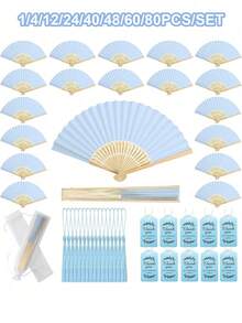 1/4/12/24/40/48/60/80pcs Blue Wedding Paper Fan Set | Women's Folding Fan With Thank You Card And Organza Bag - Bridesmaid Gift, Bride Dance Prop, Wedding Decor, Party Accessory, Bachelorette Party Photo Prop, Perfect Wedding Favor - Multicolor - View 1