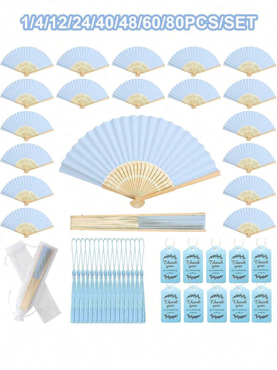 1/4/12/24/40/48/60/80pcs Blue Wedding Paper Fan Set | Women's Folding Fan With Thank You Card And Organza Bag - Bridesmaid Gift, Bride Dance Prop, Wedding Decor, Party Accessory, Bachelorette Party Photo Prop, Perfect Wedding Favor - Multicolor - View 1