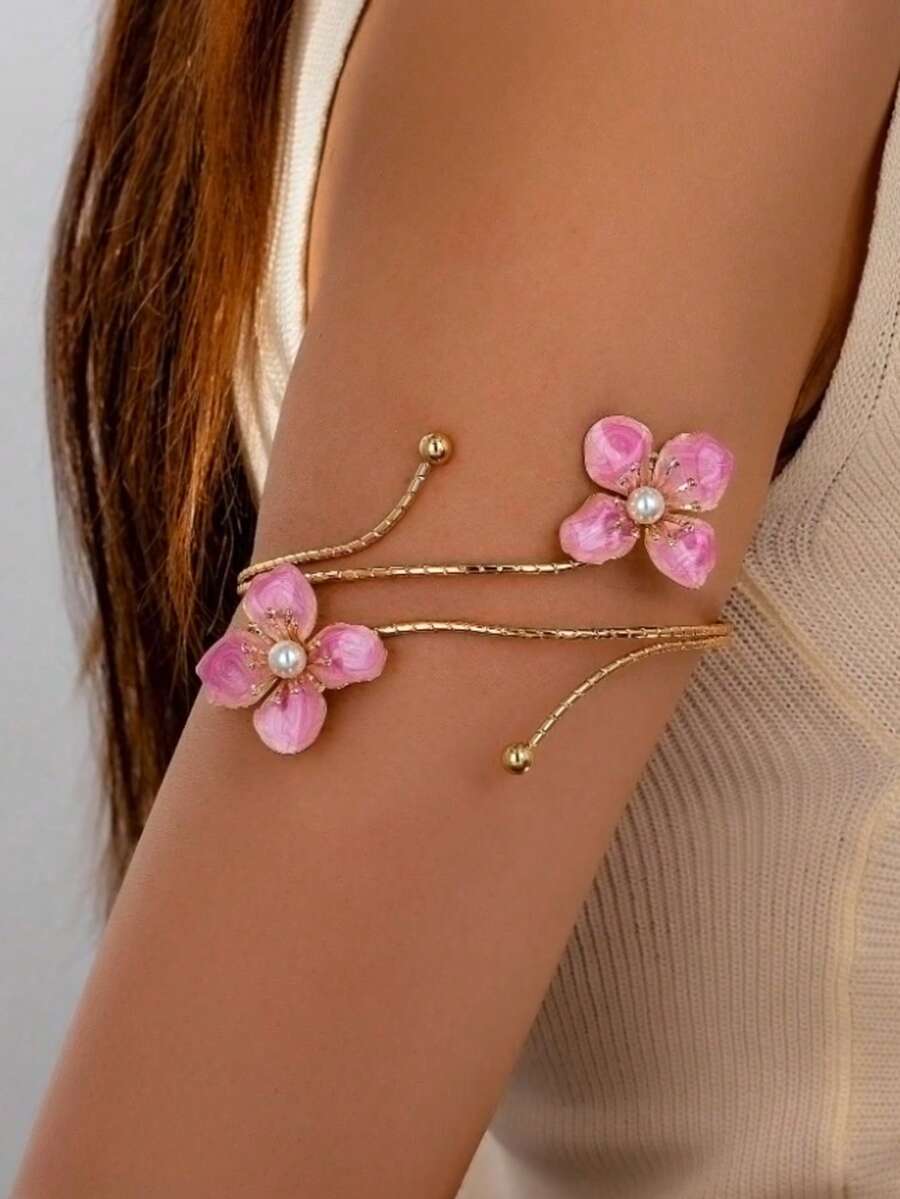 1 buah Manset Lengan Bermotif Bunga Gaya Bohemian yang Dapat Diatur, Cocok untuk Pemakaian Sehari-hari, Liburan, dan Pesta - Berwarna merah muda - View 1