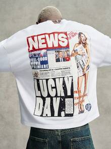 Men's Casual Newspaper Print T-Shirt, Summer - Pink - View 1