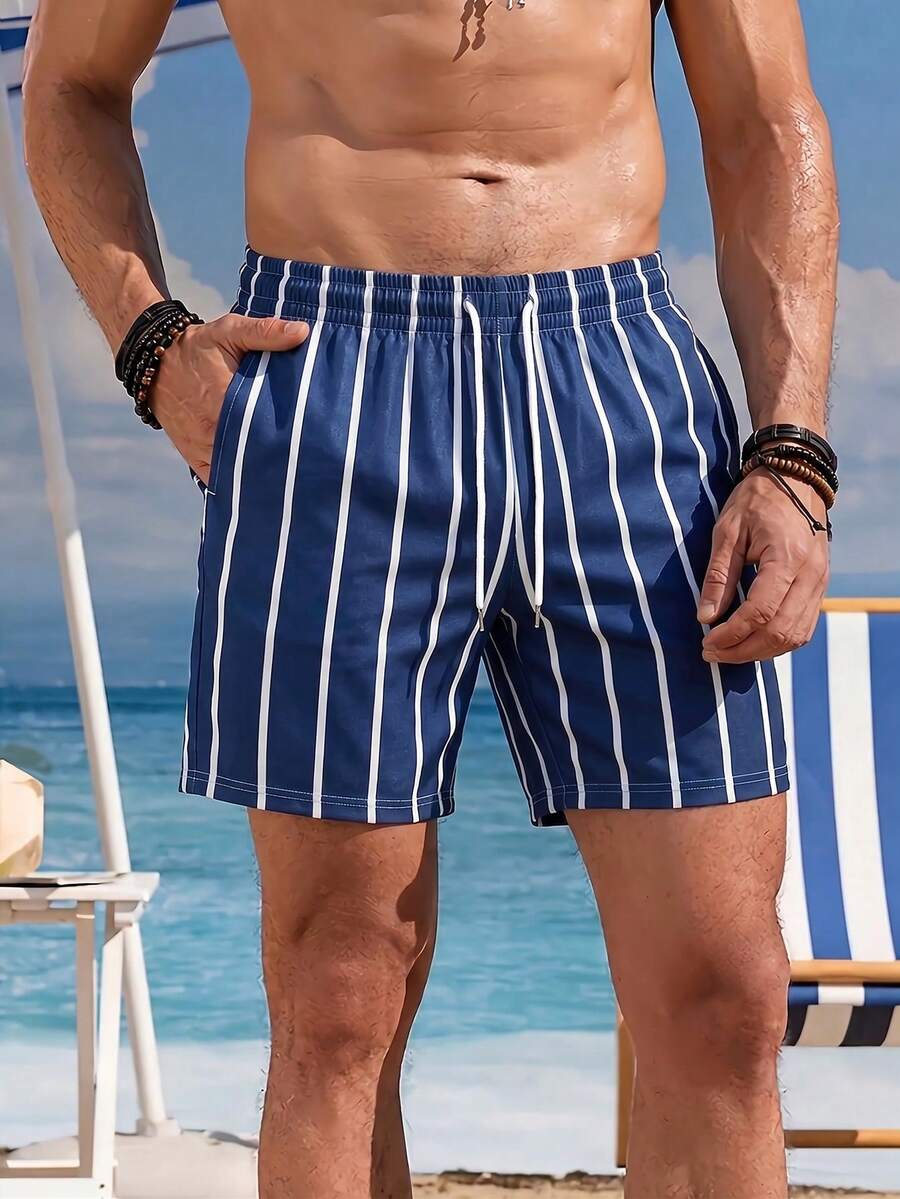 Men's Striped Casual Beach Shorts With Drawstring, Summer - Navy Blue - View 1