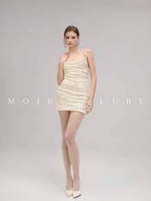 MOIRÉALLURE 女款時尚經典高腰超薄透明百搭絲滑緹花褲襪，適合日常通勤與夜店 - 奶白色 - 查看 5