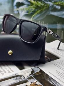 1set/POLASUP Brand/Polarized Men's Glasses/Men's Black Square Frame Exquisite P-Letter Metal Decor Design, Lightweight And Comfortable, Versatile For Business Commute And Daily Wear, Comes With PU Glasses Case - Multicolor - View 2