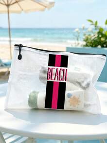 多色時尚防水PVC沙灘包，拼色條紋「Beach」印花，彩色字母印花，A4尺寸，透明化妝包，尼龍拉鍊，適合游泳、潛水和夏季度假，輕量，中性，沙灘包配件，旅行必需品，旅行配件，度假必需品。返校用品盥洗包，大容量洗澡包，女性母親節禮物，教師節禮物，郵輪必需品 - 彩色 - 查看 4
