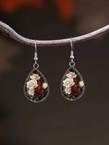 1 Pair Dark Vintage Rose Pattern With 316 Stainless Steel Water Drop Ear Hooks, Suitable For Women's Daily Wear - Color - View 2