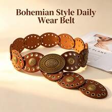 1pc Western Vintage Women's Belt, Autumn/Winter Round Floral Metal Buckle Brown Patchwork, Dress/Jeans Accessory, Suitable For Party, Outdoor, Music Festival, Christmas Use - Coffee Brown - View 6