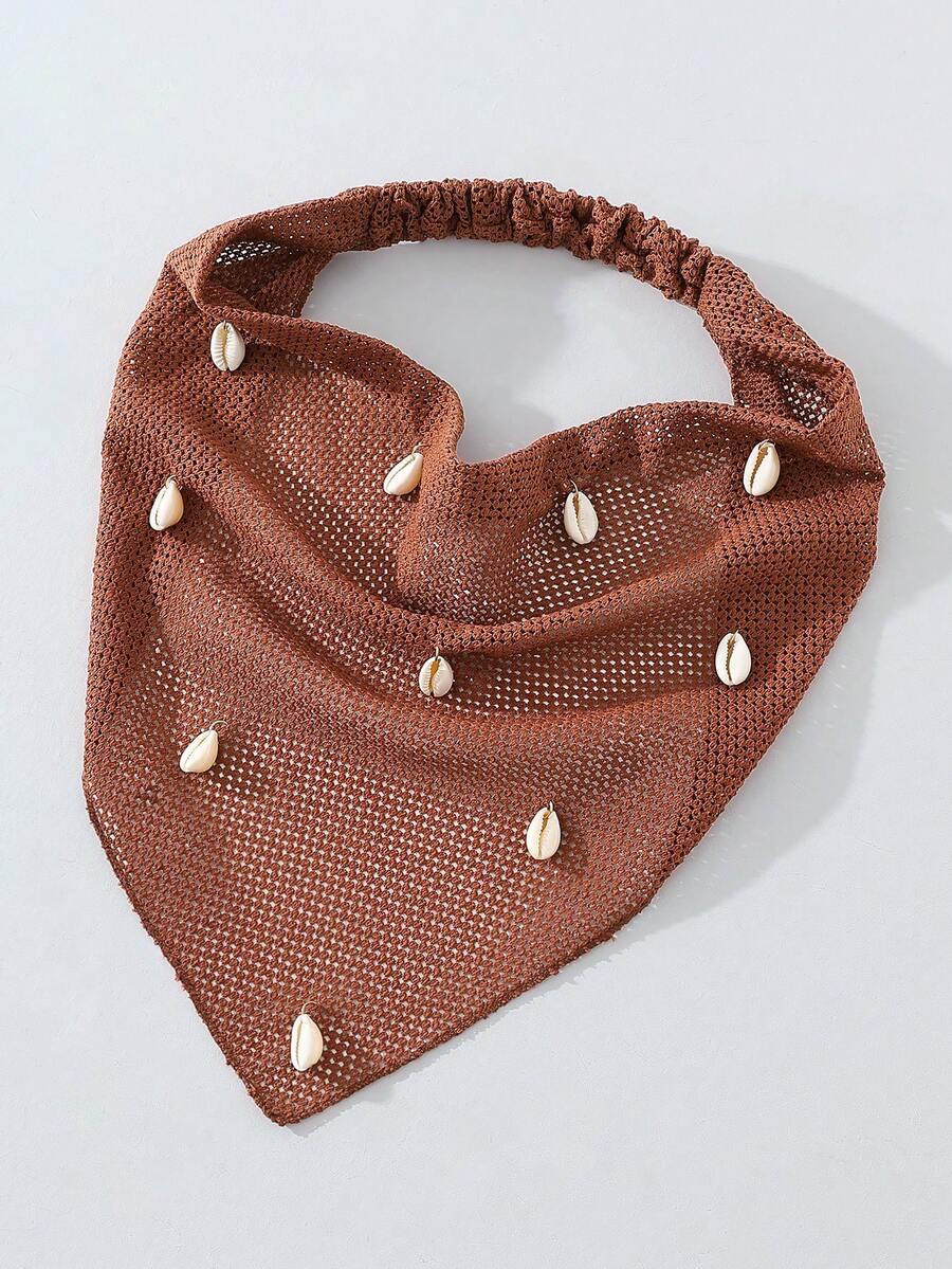 1pc Original Floral Pattern Embroidered Rolled Edge Conch Shell Decor Headwrap Hairband For Women, Suitable For Daily And Vacation Use Summer Hair Accessories Beach Scarf Vacay Women Bandanas - Brown - View 1
