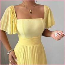 Vestido de línea A para mujer de color amarillo crema con cuello cuadrado y cintura ceñida, elegante y romántico - Burdeos - Ver 6