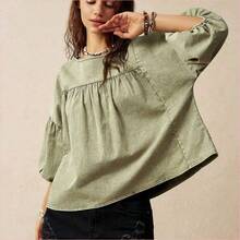 WNS  Blusa holgada de manga abullonada para vacaciones, verde - Café integral - Ver 5