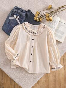 Tween Girls Peter Pan Collar Preppy Style Long Sleeve Thin Blouse Autumn - Apricot - View 1