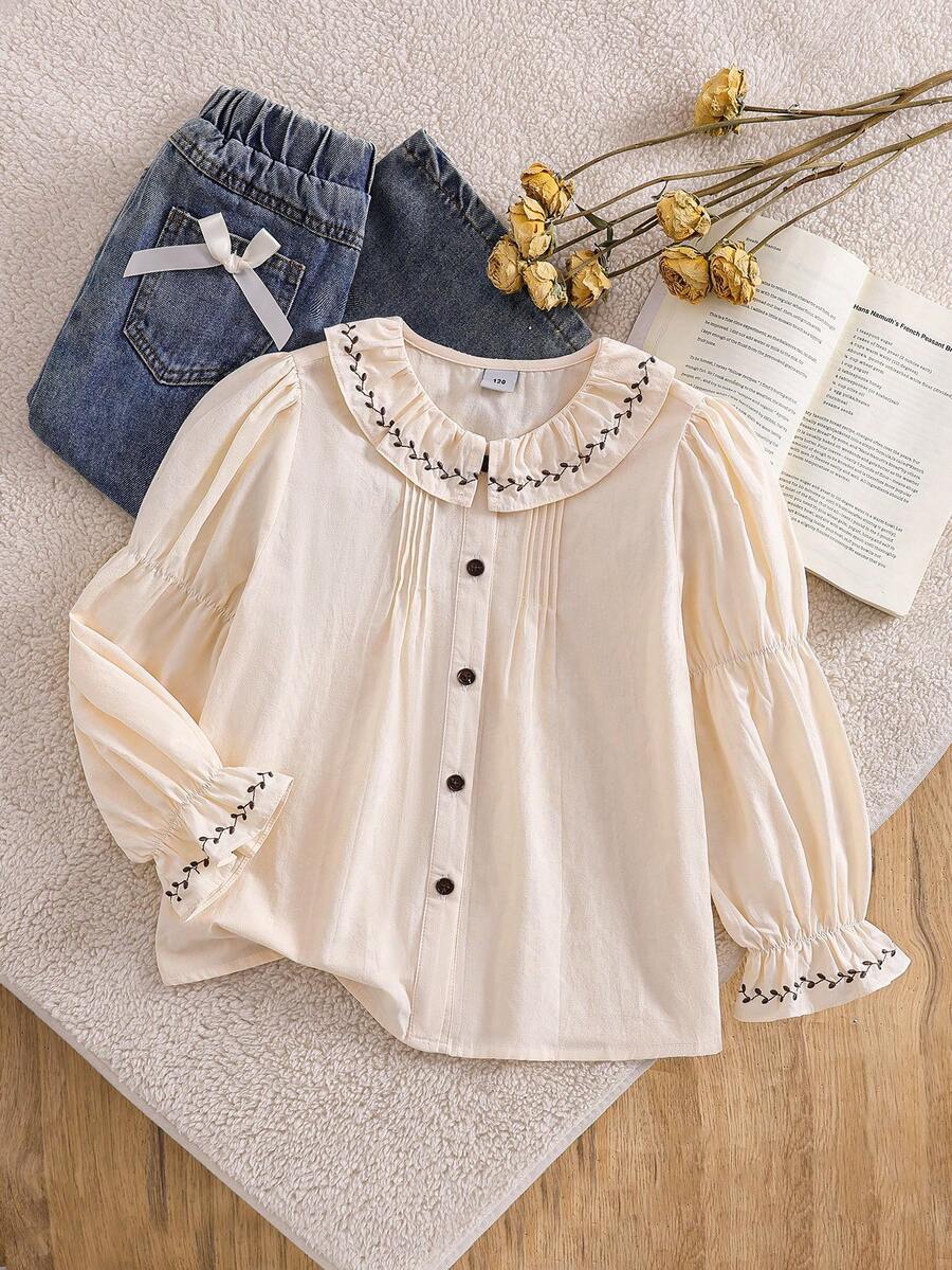 Tween Girls Peter Pan Collar Preppy Style Long Sleeve Thin Blouse Autumn - Apricot - View 1