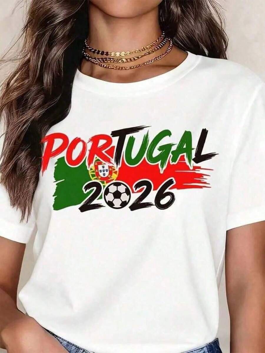 Camiseta de Mujer con Diseño de la Bandera de Portugal para Fútbol 2026, Casual, Cuello Redondo, Manga Corta, Perfecta como Regalo de Cumpleaños, Adecuada para Usar en Todas las Temporadas, - Negro - Ver 1