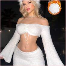 Set de 2 piezas con top de manga larga abombada y hombros descubiertos y falda de cintura baja en color blanco esponjoso, para invierno - Blanco - Ver 2