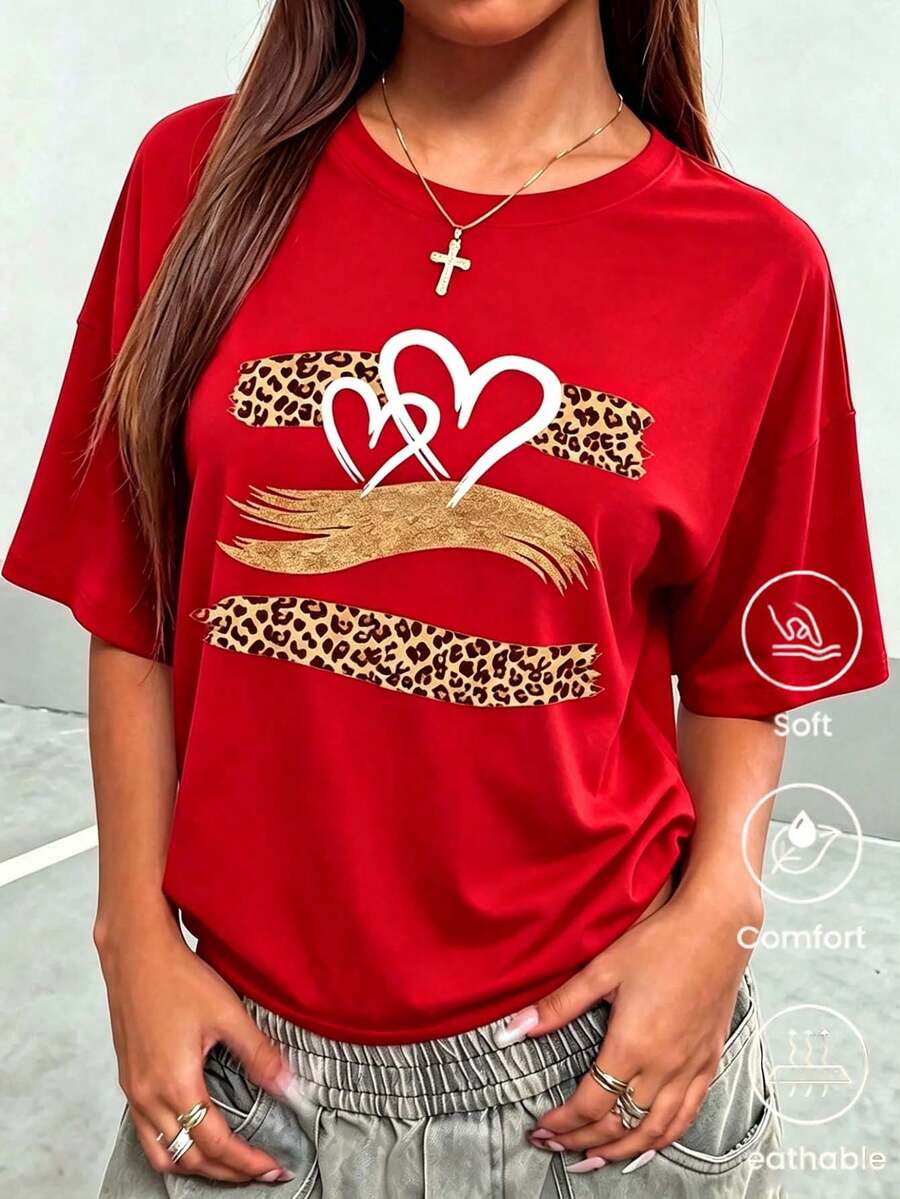 Playera Mujer Roja Estampado Corazón Leopardo y Detalle Dorado Manga Corta Casual Versátil para Uso Diario - Rojo - Ver 1