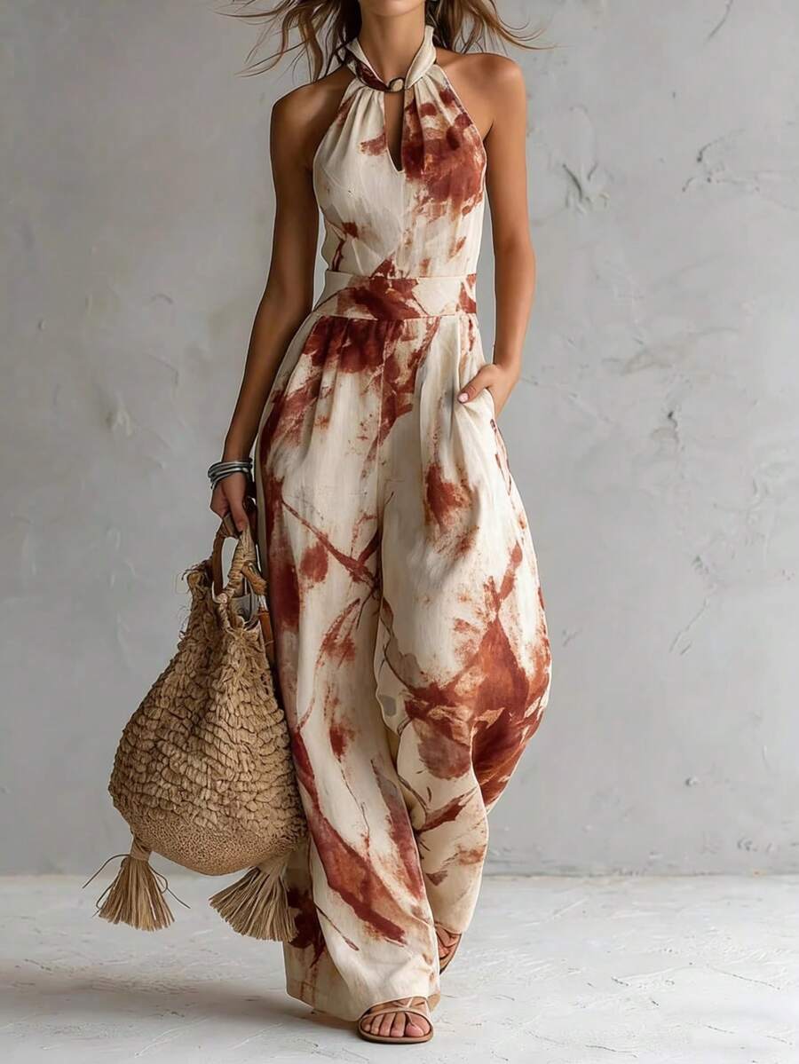 Mono sin mangas estampado digital cuello colgado espalda abierta estilo europeo primavera verano moda mujer - ámbar - Ver 1