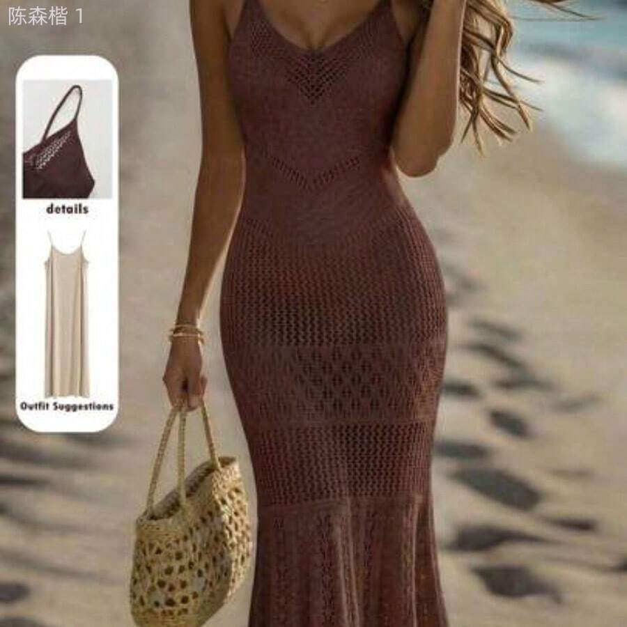 jianchaimaoyi02 Holidaya Nuevos vestidos de verano para mujer, vestido maxi de punto calado beige - tirantes finos, escote en V, patrón de encaje en capas, cintura ajustada, - Café integral - Ver 1
