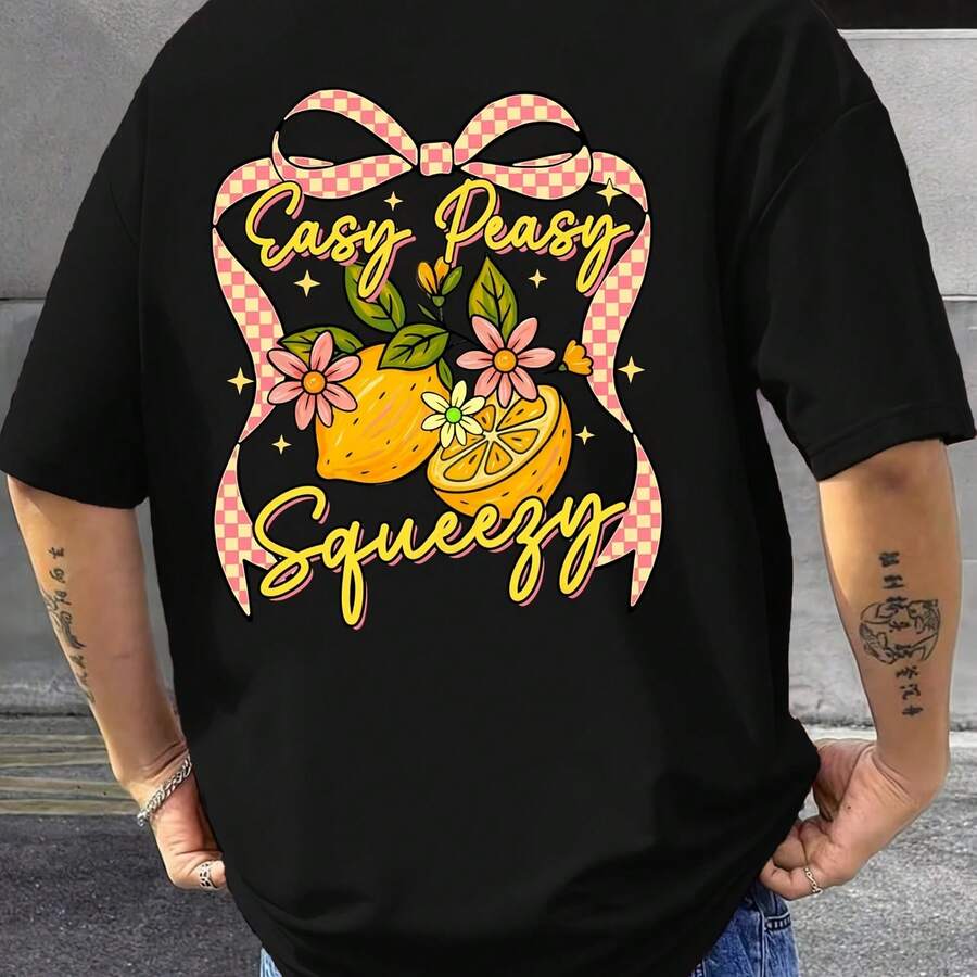 Camisetas con estampado de limones y lazos coloridos para hombre, camiseta de algodón que combina con todo, camiseta holgada de manga corta de Hip Hop con cuello redondo para verano - Multicolor - Ver 1