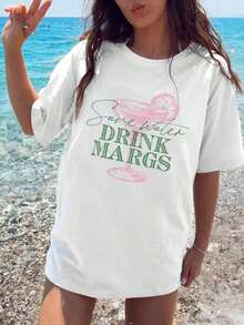Camiseta de manga corta de nuevo estilo para el verano 2026, camiseta para amantes del tequila y la margarita con estampado 'Save Water Drink Margs', holgada y de gran tamaño, de manga corta - negro - Ver 1