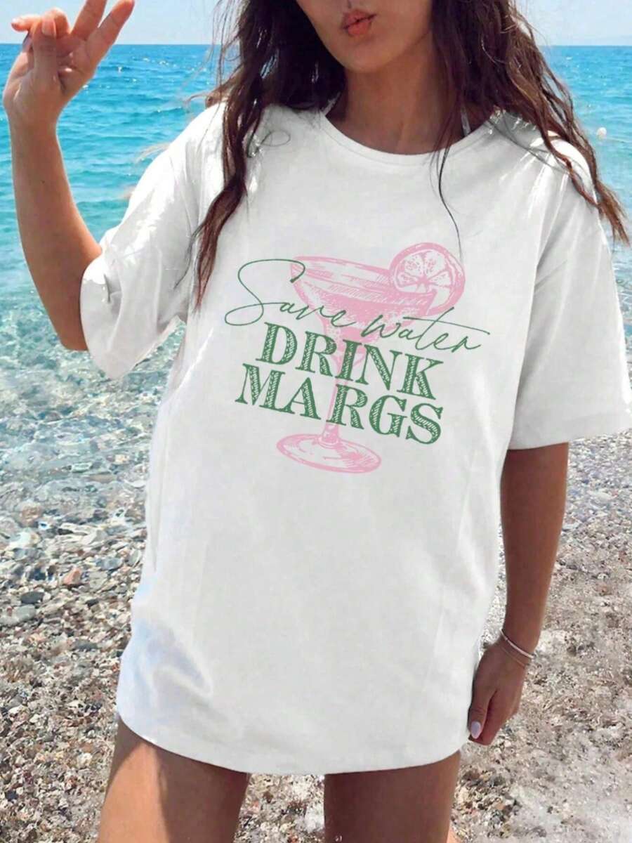 Camiseta de manga corta de nuevo estilo para el verano 2026, camiseta para amantes del tequila y la margarita con estampado 'Save Water Drink Margs', holgada y de gran tamaño, de manga corta - negro - Ver 1