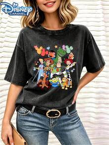 Toy Story Character Printed Pattern Unisex Loose T-Shirt, 100% Cotton Crew Neck Short Sleeve, Colorful Cartoon Design, Suitable For Daily - 黑色 - 查看 3