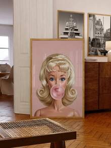 1pc Frameless Bubblegum Girl Pink Aesthetic Preppy Wall Art Print, Cute Poster For Bedroom Dorm Decor, Back To School, Funky Posters, Room Decor Gift - Cartoon - View 3