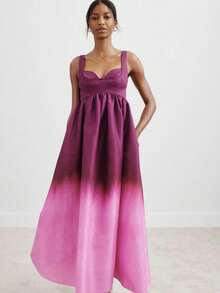 Women's Dress With Gradient Print, Deep V-Neck, Open Back, And Fitted Waist - Hot Pink - View 5