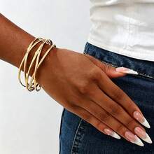 3pcs Women's Gold Thick Open Cuff Bracelet Set, Asymmetrical Minimalist Personalized Style, Punk Upper Arm Jewelry - Gold - View 2