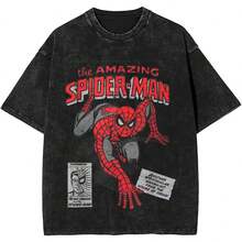 Disney 2026 Marvel Retro Spider-Man Comic Product Spider-Man Loose Comfortable Summer Men's Washed T-Shirt, Loose Fit - 1 - 查看 1