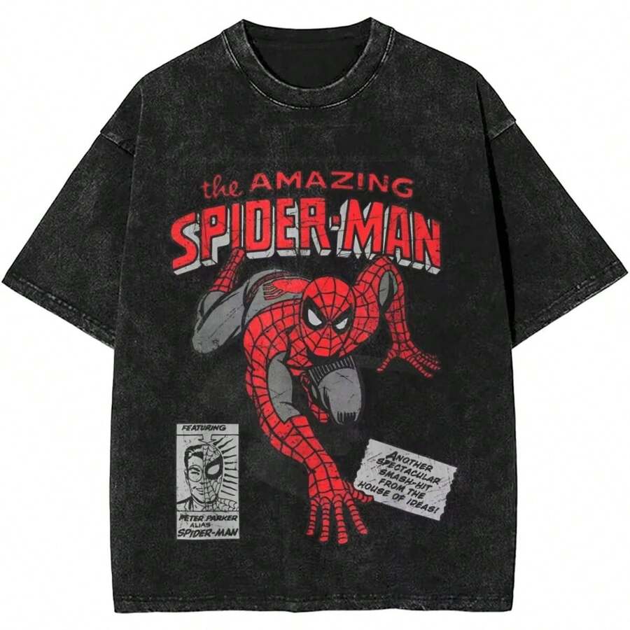 Disney 2026 Marvel Retro Spider-Man Comic Product Spider-Man Loose Comfortable Summer Men's Washed T-Shirt, Loose Fit - 1 - 查看 1