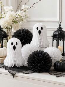 12/10/5pcs Ghost Honeycomb Paper Ball + Paper Flower Ball Combination Set, Cute White Decoration, Suitable For Birthday Party And Theme Party, Halloween Party Decoration, Black And White Tone Decorative Hanging, Living Room Staircase Entrance Decoration, Outdoor Garden Hanging Decoration, Yard Arrangement Birthday, Halloween Gothic Style - Decorative Pendant - View 2