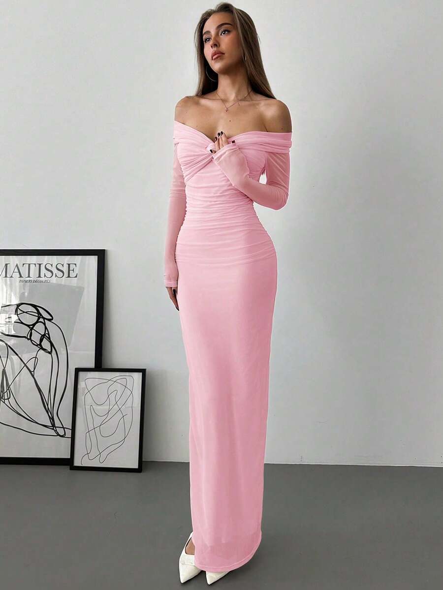 xheAloruh Vestido de manga larga ajustado con hombros descubiertos, torcido de malla y fruncido romántico para mujeresxhe - Rosa Pálido - Ver 1