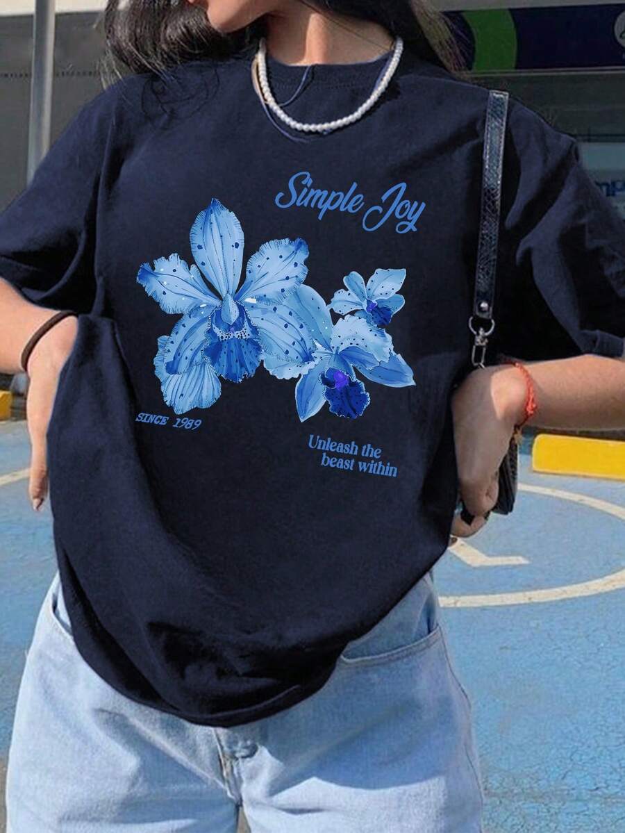 manga corta para mujer con estampado floral retro, tejido cómodo para todas las estaciones, lavable a máquina, ideal para regalos festivos, camiseta casual de verano con cuello redondo.2026 - Negro - Ver 1