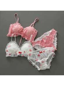 Fresh Style Students Lace Print Small Bust Cotton Lining Straps Bra Set. - With Pretty White Trim + M. - View 5