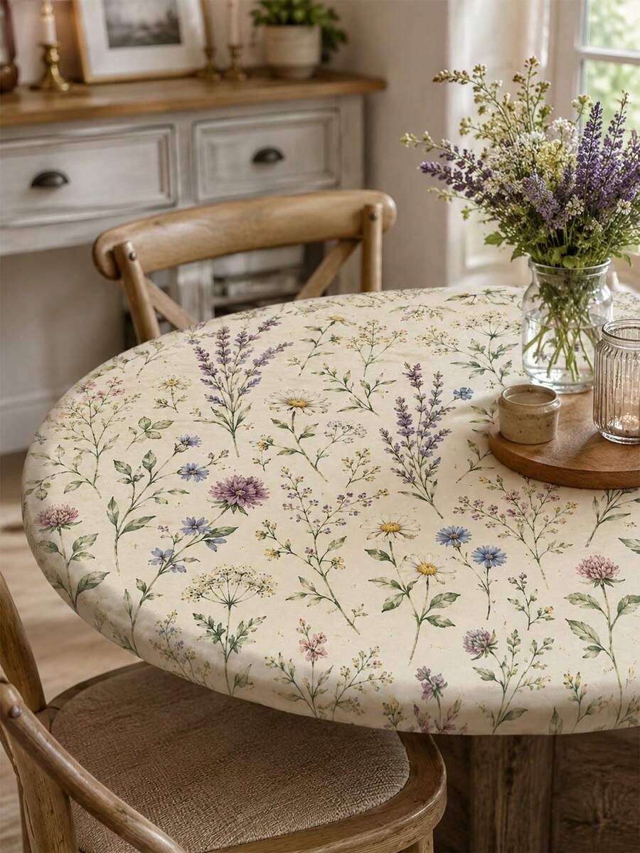 Bohemian Lavender Daisy Printed Elastic Circular Tablecloth, High Elasticity, Stain Resistant, Suitable For Restaurants, Cafes, Weddings, Birthday Parties, Outdoors, Terraces, Seasonal Decoration, Home Decoration, Suitable For Various Occasions - Multicolor - View 1