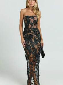 Women's Strapless Dress With Three-Dimensional Flowers, French Style, Luxurious, Lightweight, Elegant, Ideal For Parties, Ladies, Summer, Casual Fashion, New Collection - 黑色 - 查看 6