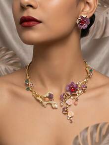 Bohemian Style Red Gemstone Floral Jewelry Set, Gold-Tone Luxurious Necklace And Earrings, Suitable For Weddings And Banquets - Jewelry Sets - View 2