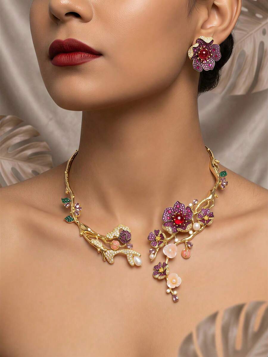Bohemian Style Red Gemstone Floral Jewelry Set, Gold-Tone Luxurious Necklace And Earrings, Suitable For Weddings And Banquets