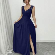 Vestido caqui de línea A con cuello en V, con volantes, cintura fruncida, sin mangas y falda con abertura, de estilo francés elegante con encaje, apropiado para uso diario - verde menta - Ver 4