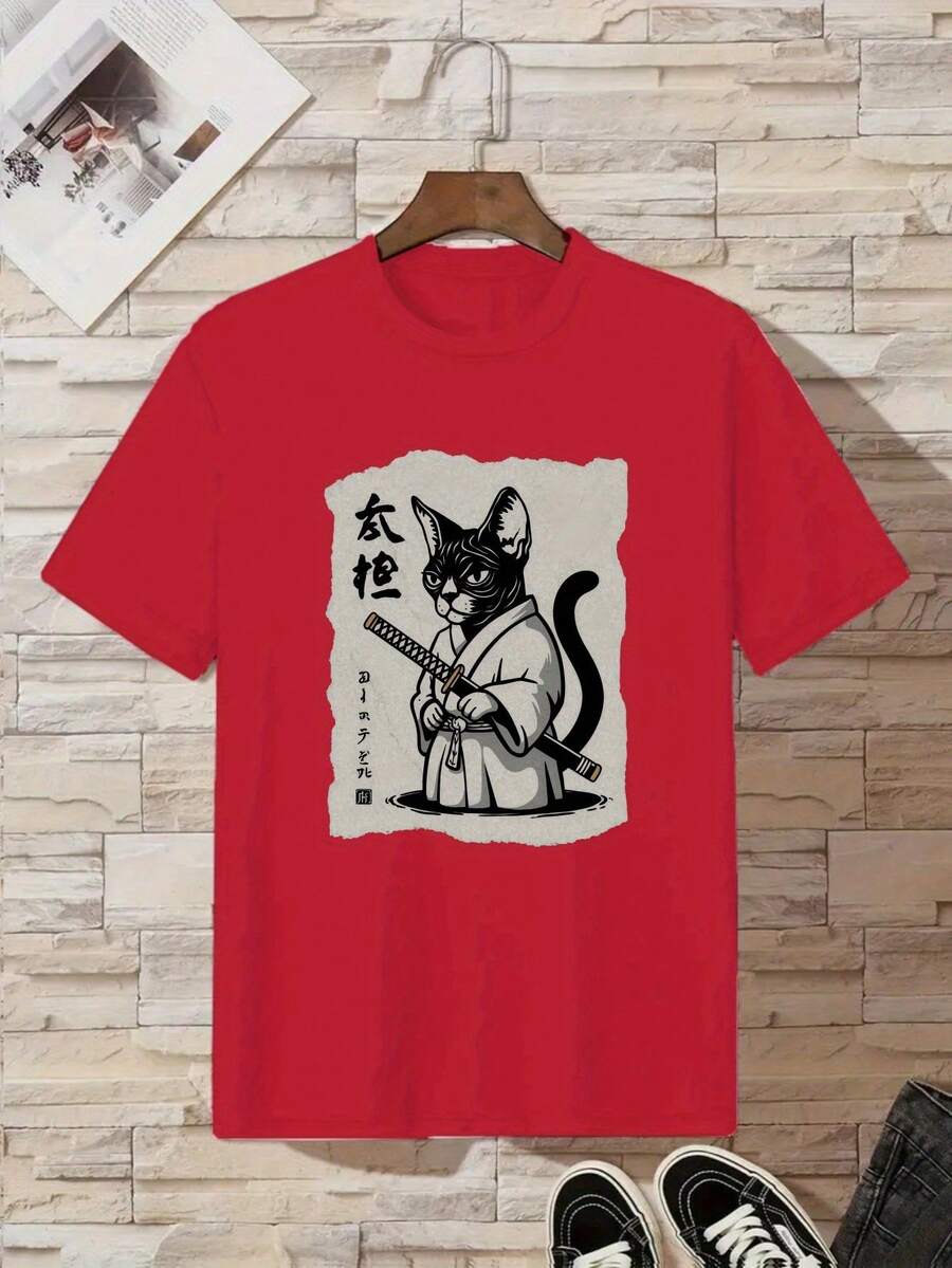Cat Samurai Cotton T-Shirt For Boys - Burgundy - View 1