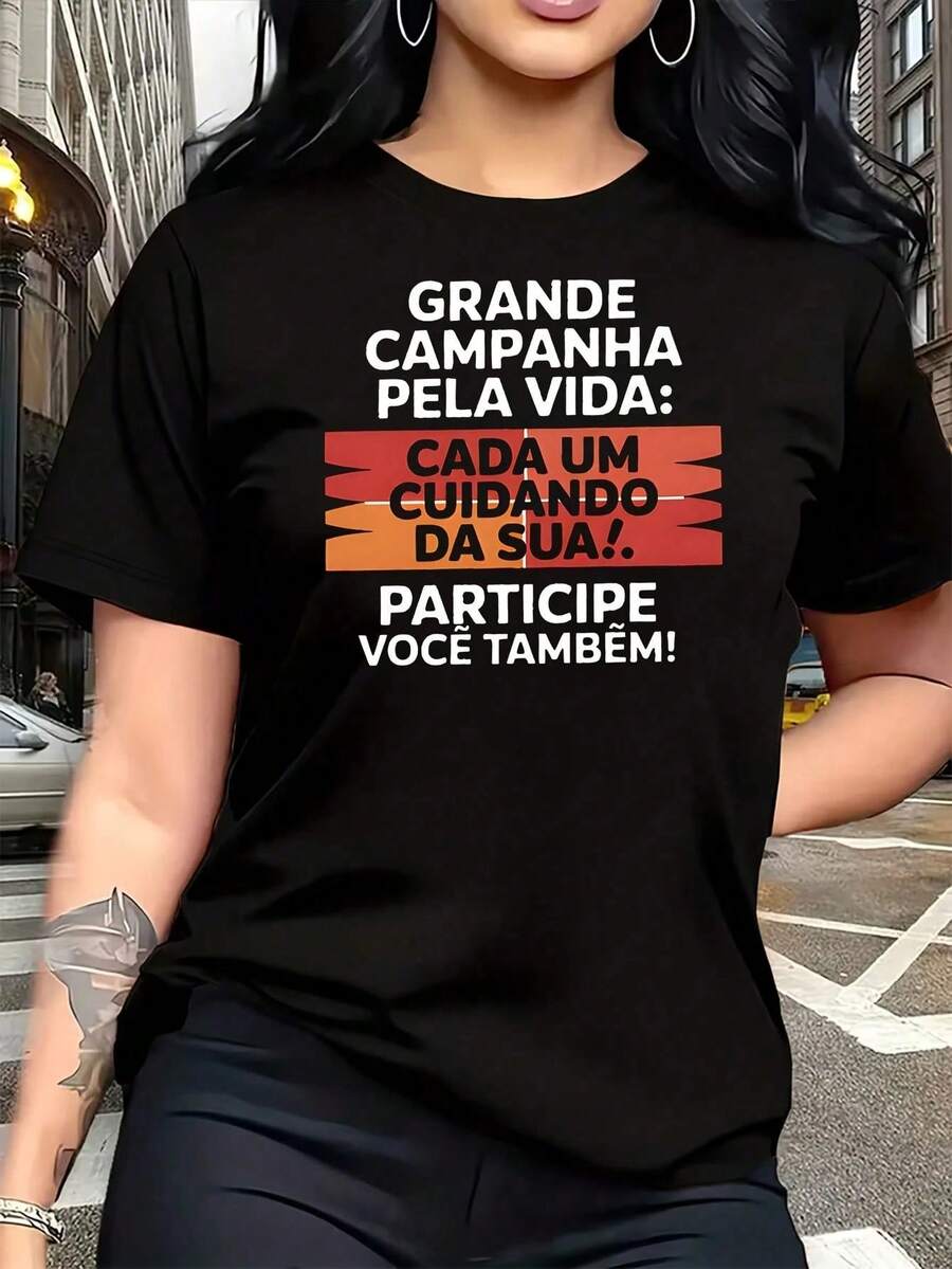Camiseta gráfica "GRANDE CAMPANHA PELA VIDA" para mujer, talla grande, 1 pieza, camiseta divertida de manga corta con estampado gráfico, novedosa, 100% algodón, camiseta casual con cuello re - Negro - Ver 1
