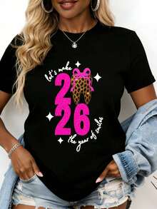 Hagamos del 2026 el Año de las Sonrisas, Camiseta con Diseño de Lazo de Leopardo, Adecuada para Uso Casual y Deportivo - Negro - Ver 1