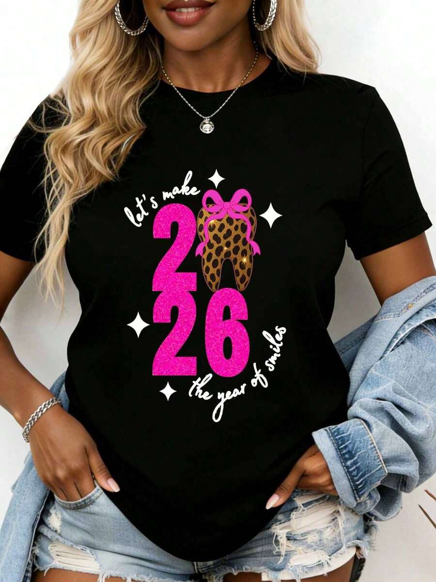 Hagamos del 2026 el Año de las Sonrisas, Camiseta con Diseño de Lazo de Leopardo, Adecuada para Uso Casual y Deportivo - Negro - Ver 1