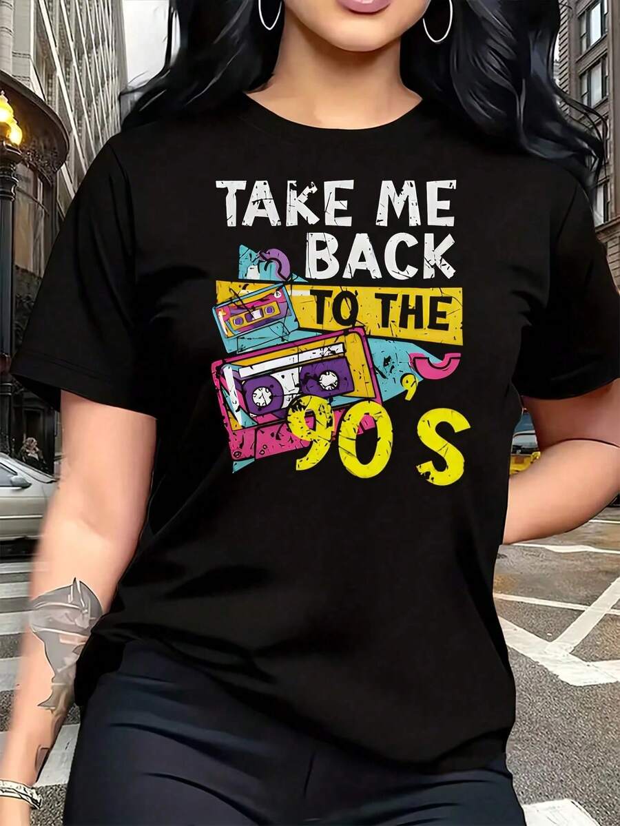 Años 80, 90, Cintas de Casete, Cintas de Casete de Música, Camisetas Estampadas para Mujer Talla Grande, 1 Pieza, Camiseta Divertida con Gráficos de Gran Tamaño, Manga Corta, Novedosa, 100% - Negro - Ver 1