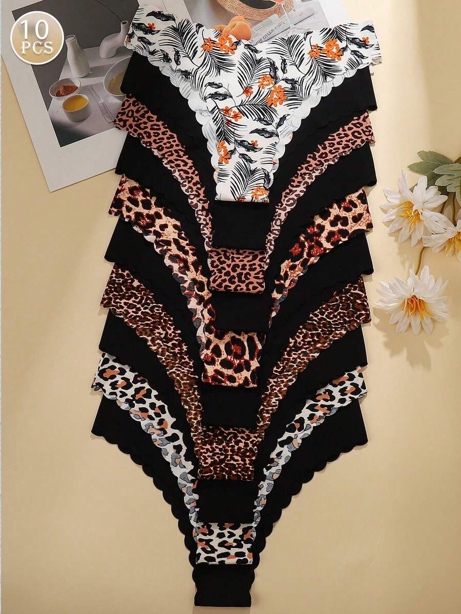 10 Pieces/Pack - Seamless Panties With Scalloped Edge For Women, Comfortable And Sexy Skin-Friendly Fabric, Seamless Bikini Panties For Ladies - 藍色 - 查看 1