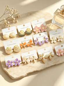 Bộ bông tai hoa tráng men & bướm vỏ sò, khuyên nụ thép không gỉ không gây dị ứng, trang sức đi biển cho nữ, quà tặng cho mẹ & phù dâu, kiểu ngẫu nhiên - Nhiều màu - Xem 5