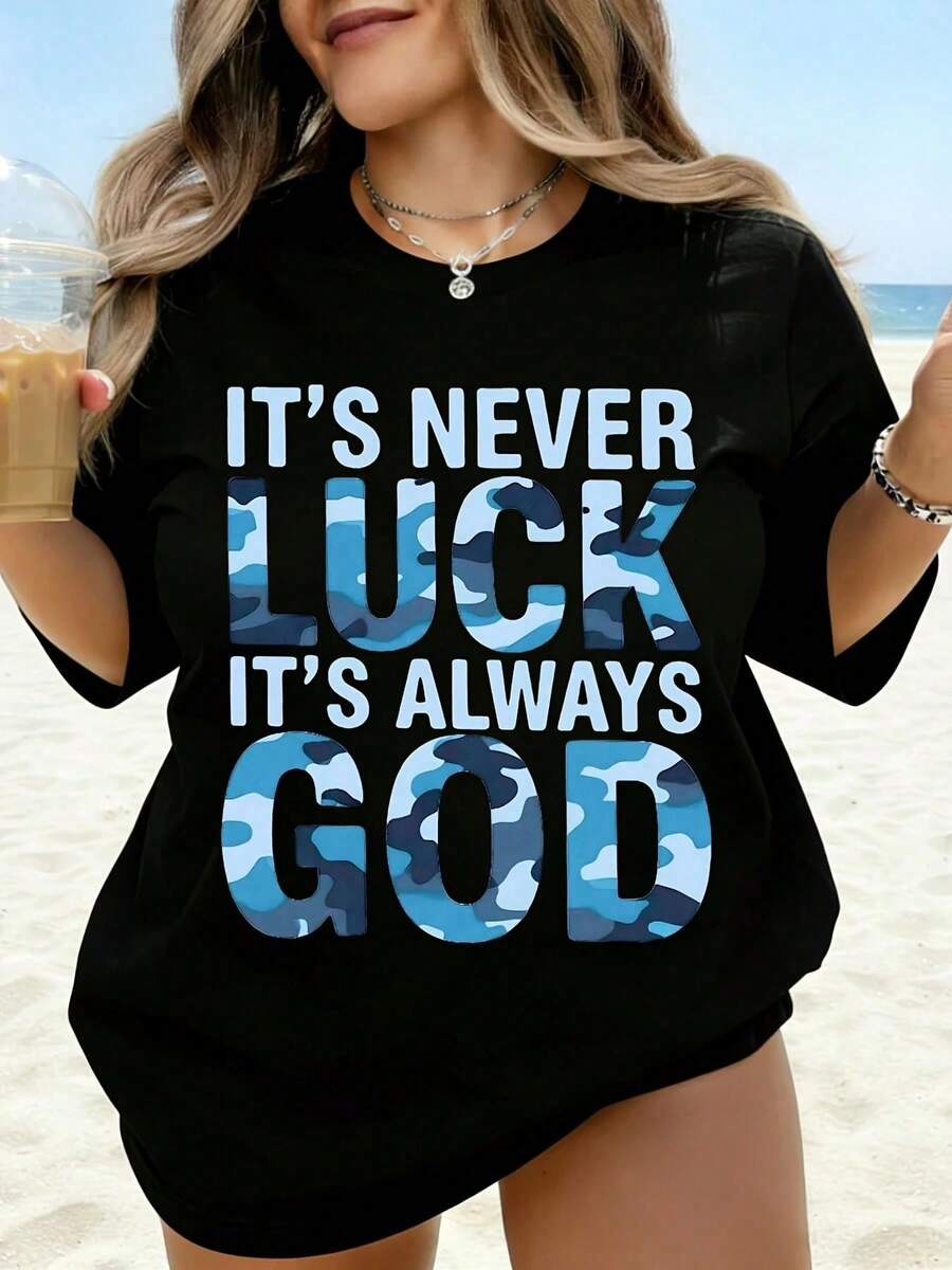 It's Never Luck, It's Always God - Women's White Camouflage Print T-Shirt, Casual Summer Beach Top, Christian Faith Statement Tee, Loose And Relaxed Fit - 黑色 - 查看 1
