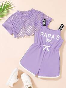 2pcs Young Girl Solid Simple Mesh Breathable Crop Top & Letter Graphic Jumpsuit Suit, And Comfortable Knit Set For Spring/Summer - Mauve Purple - View 1