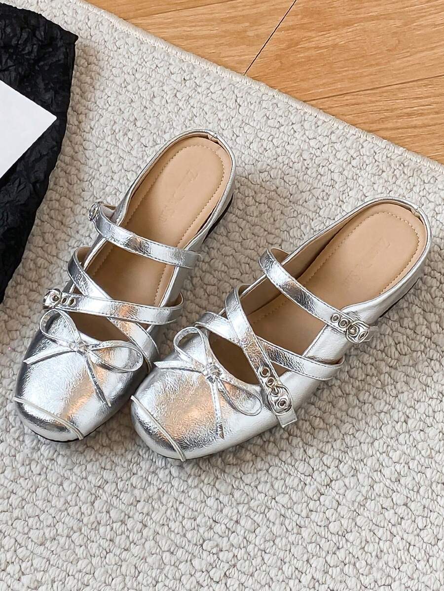 zuandashu Pantuflas cómodas y suaves estilo francés para mujer, zapatos planos sin talón con altura oculta elegante en color plateado con lazo, talla 34-42, adecuados para vestidos, oficina, interior/exterior, mocasines tipo mule, todas las estaciones