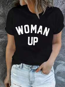 WUMAN UP Camiseta Casual De Manga Corta Para Mujer - Estampado "WOMAN UP" En Letras Atrevidas, Corte Relajado, Tejido Medio EláStico, Lavable A MáQuina, Top Para Verano Y Primavera. - Negro - Ver 1